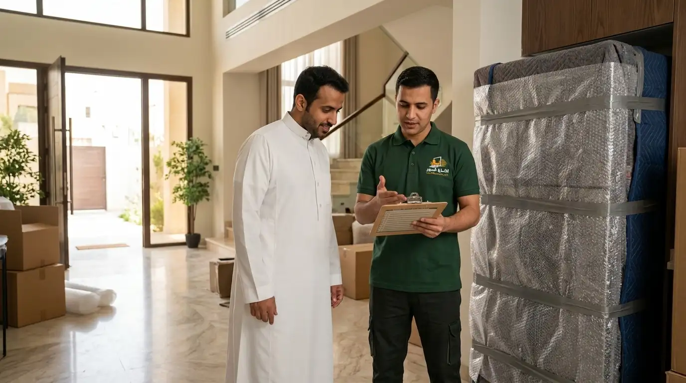 مراجعة وفحص قائمة المنقولات وسلامة الأجهزة والأثاث مع العميل فور وصول شاحنة النقل للمنزل الجديد