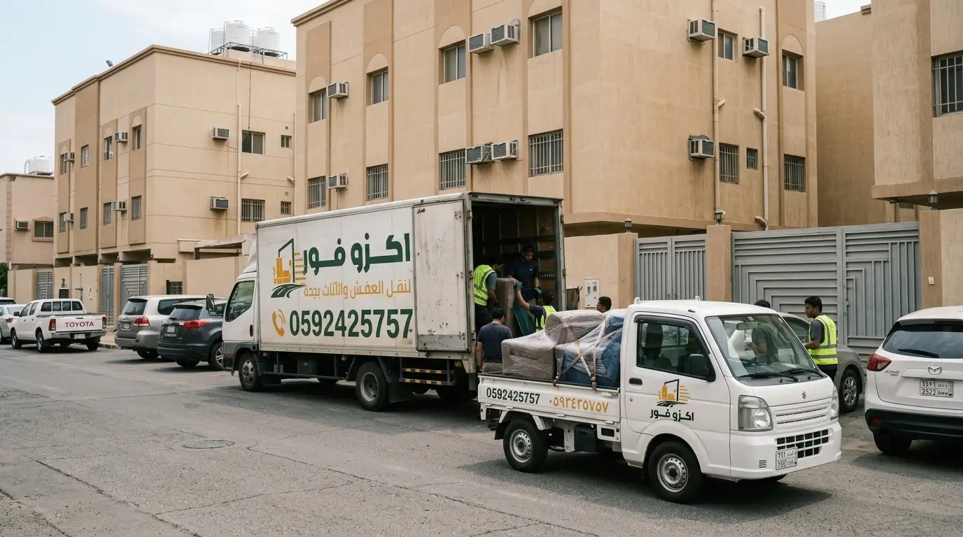 مقارنة بين ونيت نقل الأثاث الصغير ودينا نقل العفش الكبيرة أمام مبنى سكني في جدة