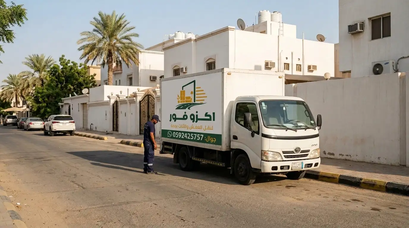 دينا نقل عفش اكزو فور متوقفة في شارع سكني بجدة للتحقق من مساحة الوقوف والمناورة