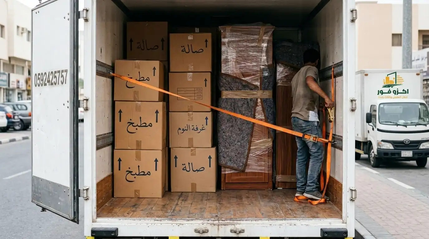 ترتيب الكراتين وصناديق العفش وتثبيتها بأحزمة أمان داخل دينا نقل العفش المغلقة بجدة