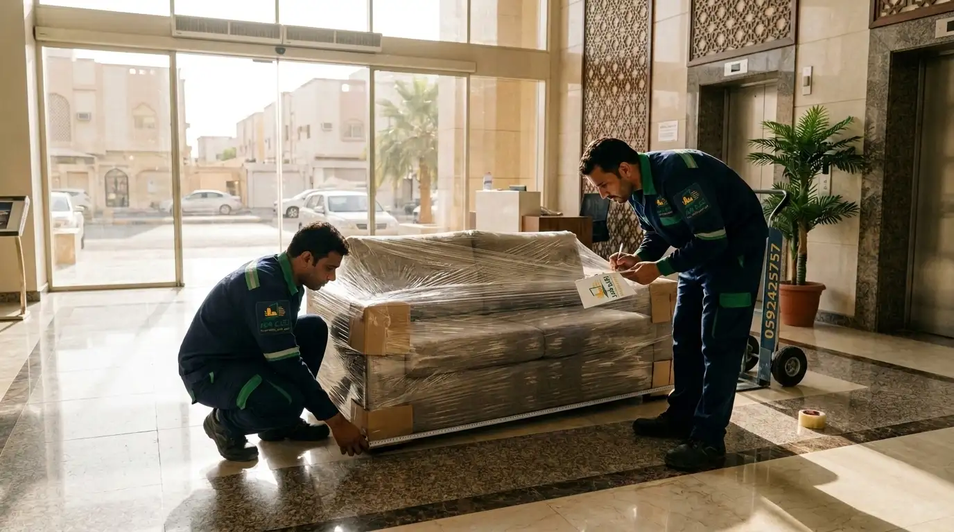 فنيو اكزو فور يقومون بقياس أبعاد الكنب المغلف قبل نقله لتحديد حجم الدينا المناسبة بجدة
