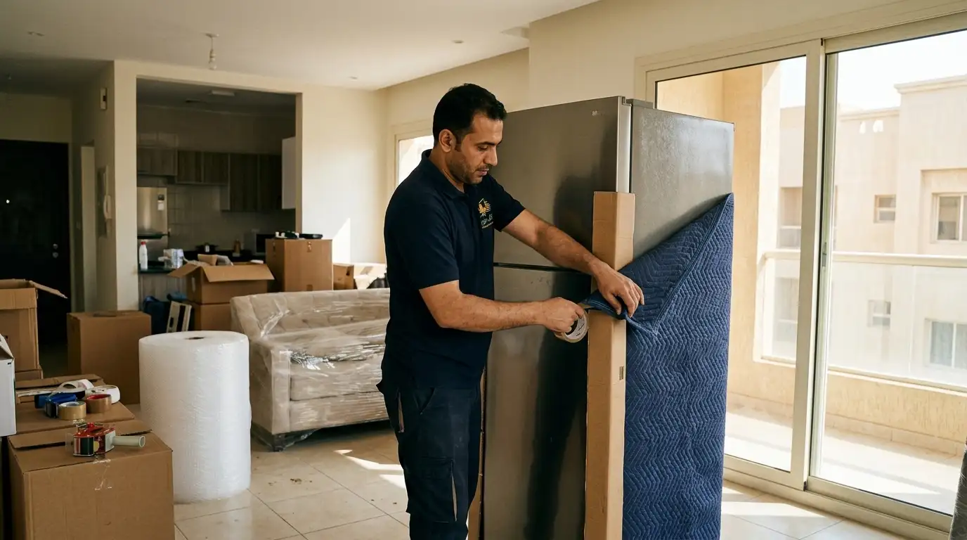 تغليف وحماية الثلاجة والأجهزة المنزلية ببطانيات التبطين والزوايا الكرتونية المقواة قبل السفر لمسافات طويلة